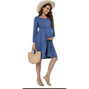 Smallshow Women Large Blue Casual Dress Maternity Soft Flowy Lightweight Party